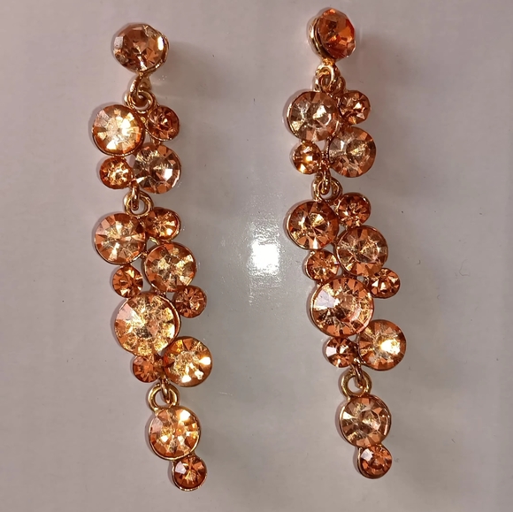 Source Unknown Jewelry - Rose Gold & Pink Faux Diamonds Dangly Earrings, Post Back, 2.5" Length